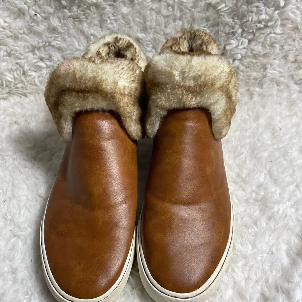Lugz sprig fashion faux leather tan ankle slip on boots faux fur accent …